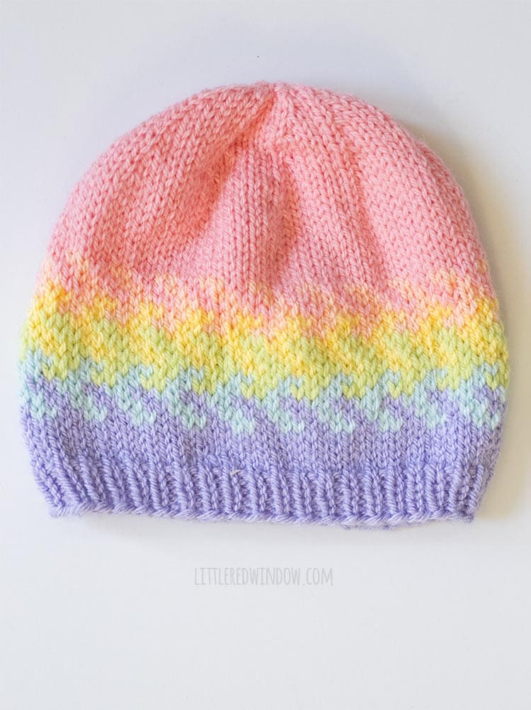 knit arrow fade hat from rainbow fades hats knitting pattern on a white background