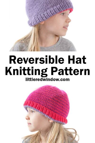 blonde girl in gray shirt looking off to the left wearing a magenta knit hat with thin purple stripes on the bottom and blonde girl in gray shirt looking off to the right wearing a solid light purple knit hat with the magenta reverse color peeking out around the bottom on the top