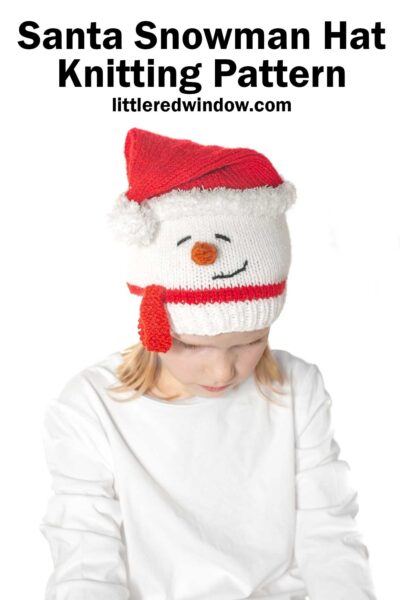 A child dons a knitted hat styled as a snowman, complete with a red Santa hat and scarf. Above them, the text reads "Santa Snowman Hat Knitting Pattern" from littleredwindow.com. The child pairs it beautifully with a crisp white shirt.