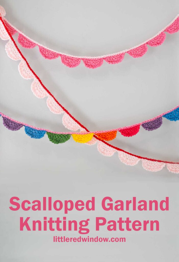 Colorful scalloped garlands made of yarn are displayed against a gray background. Each garland has a different color scheme, including pink, red, purple, blue, and multicolors. Text at the bottom reads: