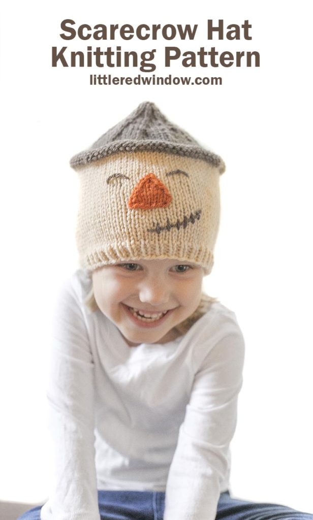 Knit up an adorable scarecrow hat fall knitting pattern with a sweet smile for your baby or toddler this fall!