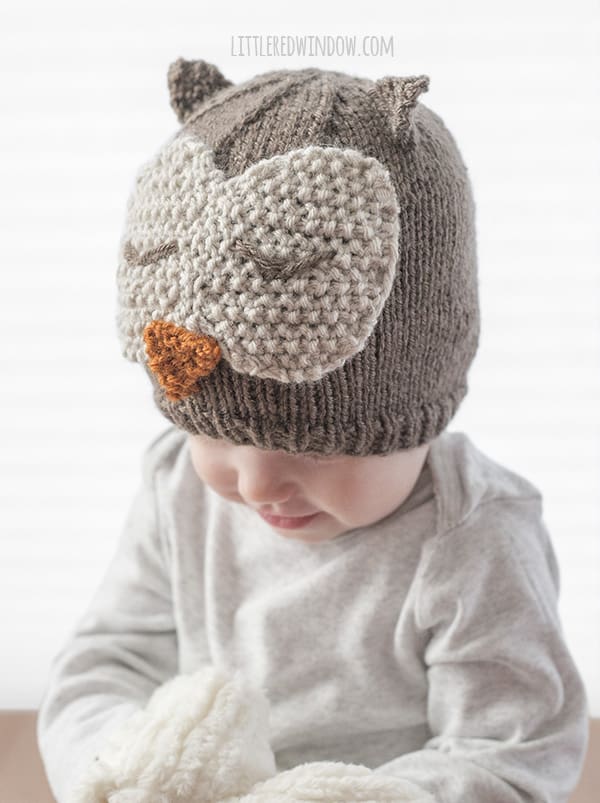 Sleepy Owl Hat Knitting Pattern, adorable for babaies and toddlers! | littleredwindow.com