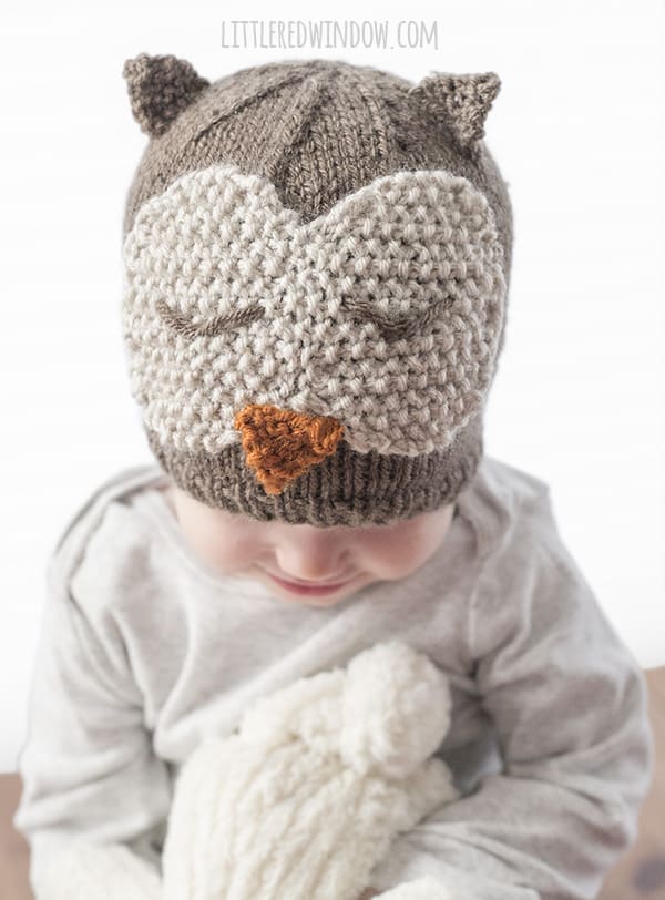 Sleepy Owl Hat Knitting Pattern, adorable for babaies and toddlers! | littleredwindow.com