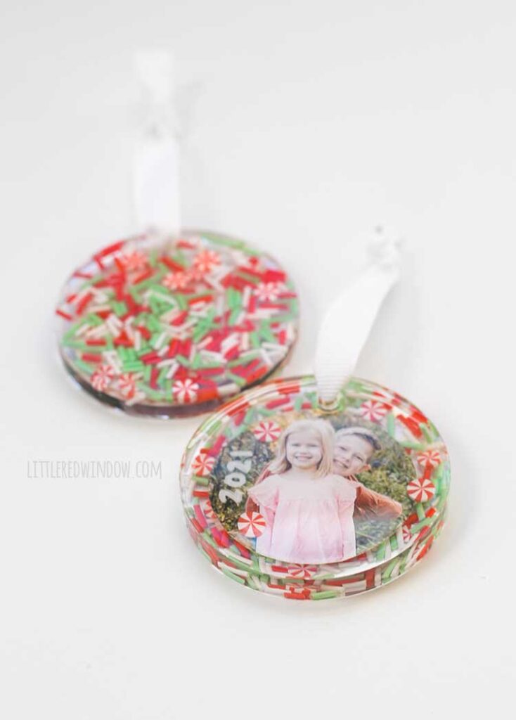 side view of finished ornaments to show the dimension of the resin filled with sprinkles