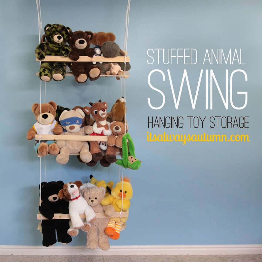 Three level hanging wall shelf holding lots of teddy bears