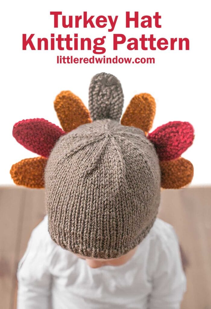 A child wearing a knit hat resembling a turkey, complete with colorful tail feathers in shades of red, orange, and brown. The text above reads