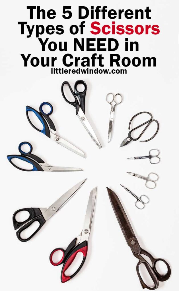 11 pairs of scissors of various sizes arranged blades inward in a circle on a white background