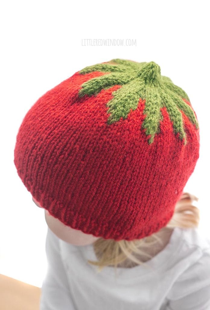 view showing the top of a red knit tomato hat with green leaves on top