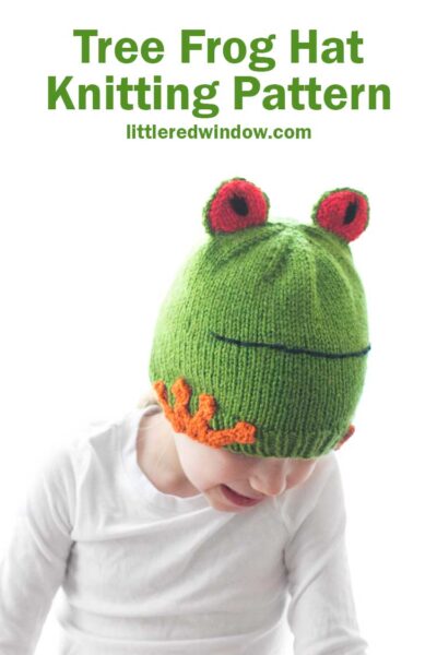 This adorable tree frog hat is colorful and fun and can be knit in any size from newborn to toddler, ribbit!