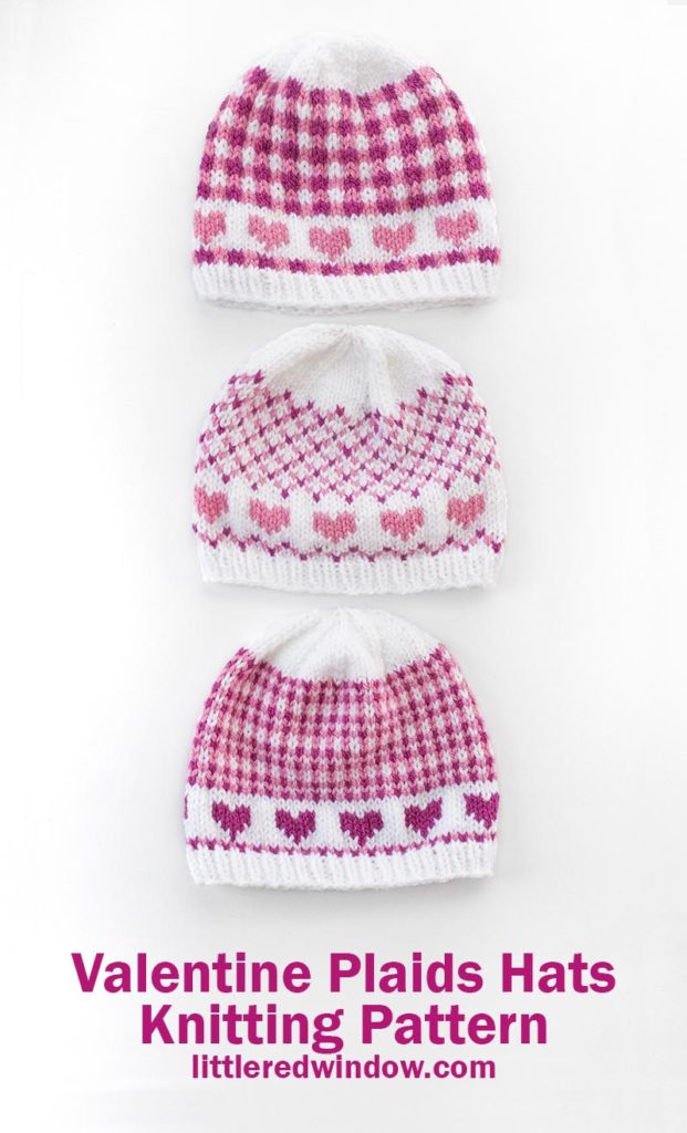 Mix and match all three patterns in any of four sizes for your baby or toddler with this cute Valentine Plaids Hats knitting pattern!