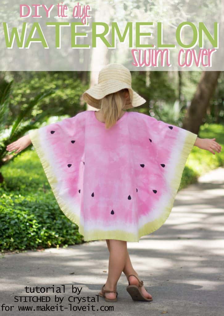 Girl standing with arms out wearing a circle poncho dyed to look like a watermelon