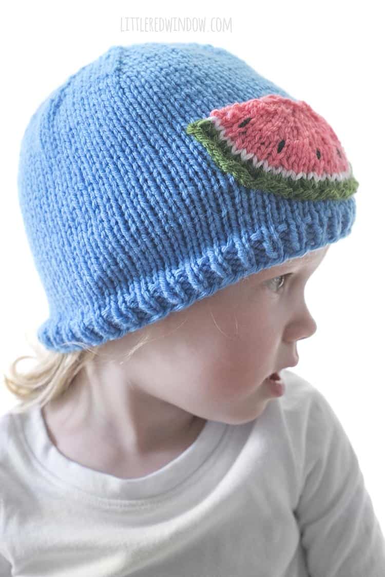 Looking for an easy summer knitting pattern? The Watermelon Slice Hat is a favorite of this little one!