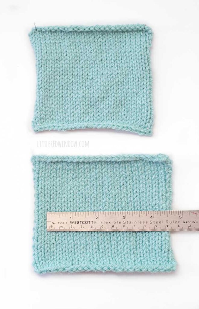two similar squares of light blue knitting with a steel ruler on top of the bottom one on a white background