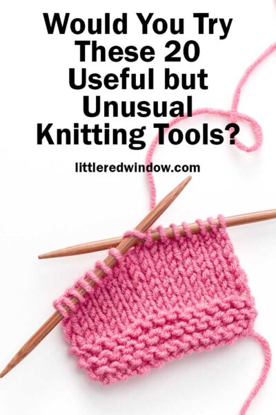 pink square of knitting on wood needles in front of a white background