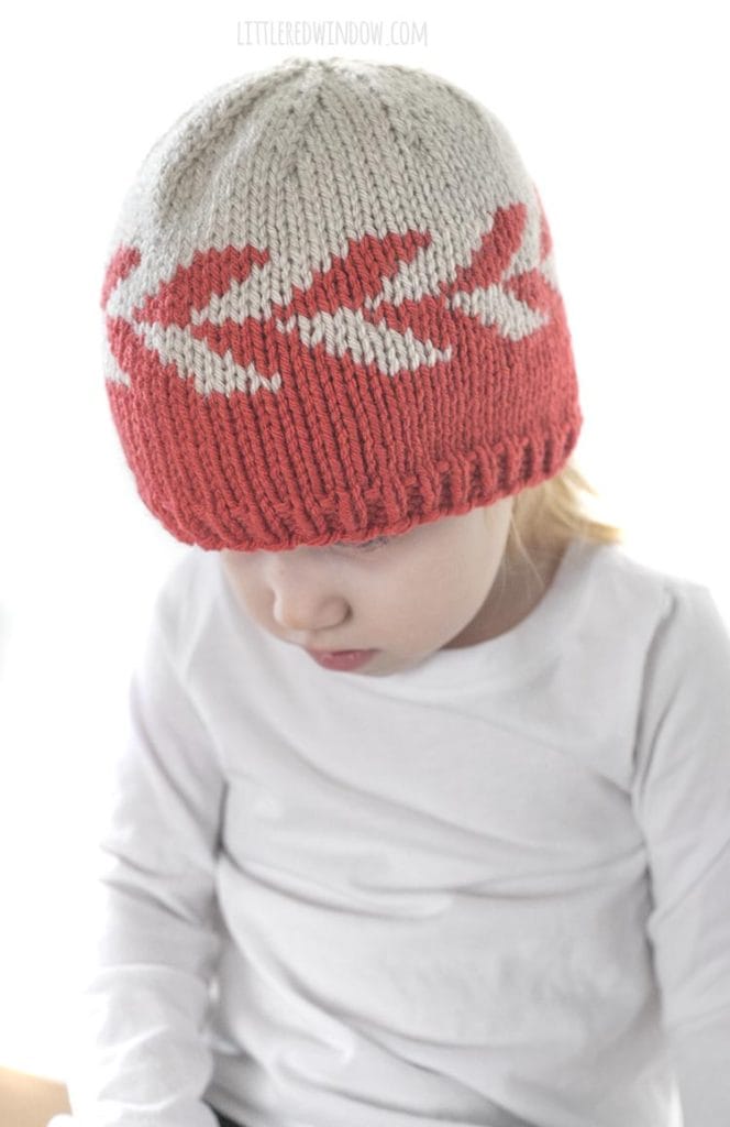 closeup of zipper hat pattern knit in red and tan