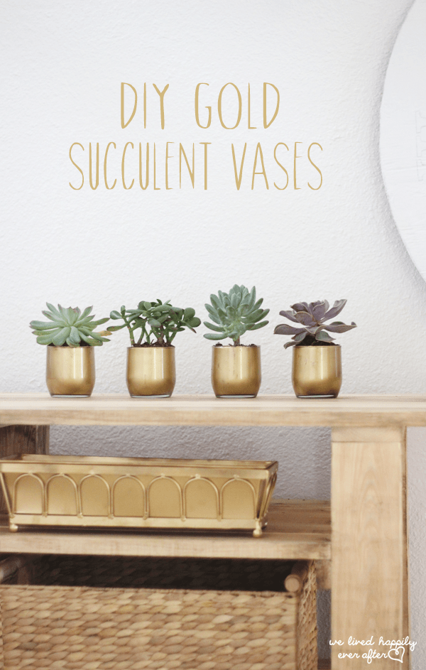4 gold vases on a shelf holding succulents