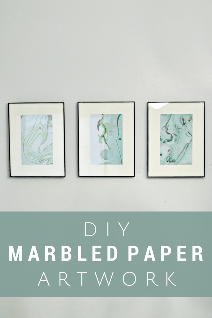 three picture frames filled with green marbled paper